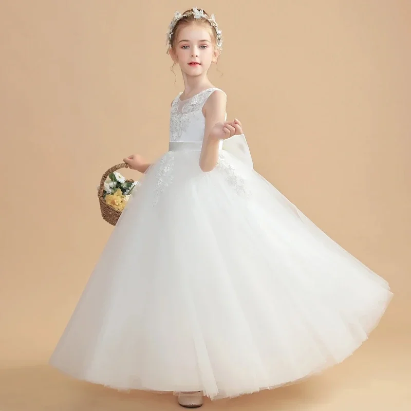 Пышные цветочные платья с большим бантом без рукавов для свадьбы, дня рождения, вечеринки, платья для святого причастия, платья для девочек-цветочниц, белый тюль