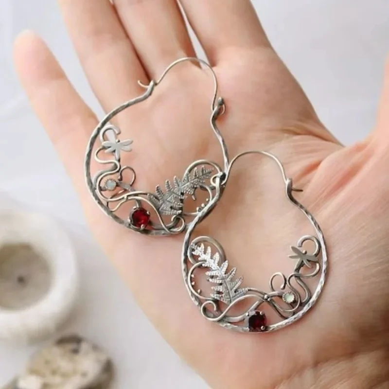 Flower Botanical Dangle Earrings for Women Silver Color Round Red Stone Party Wedding Jewelry Gift