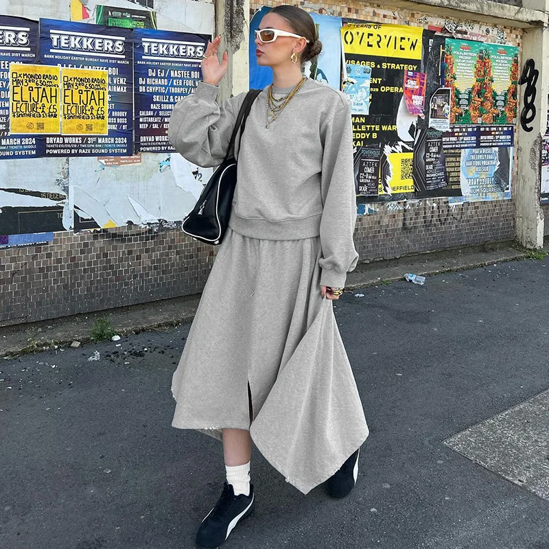 

Fitness Women 2 Piece Set Solid Long Sleeve Hoodies Irregular Skirts Matching Set 2025 Autumn Winter New Popular Streetwear