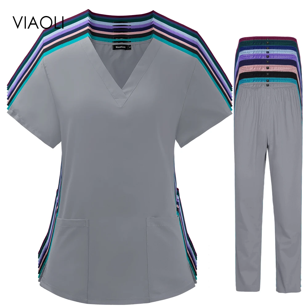 

Solid Color Nurse Uniform Women Healthcare Slim Medical Short Sleeve V-Neck summer Beauty Salon Overalls Dental Clinic Scrub Set