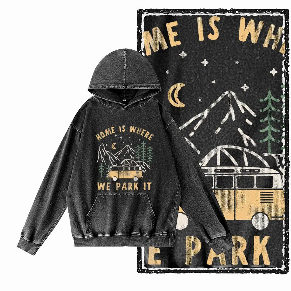 

G48 Acid Washed Black Vintage Streetwear Cotton Men's Camping Printed Graphic Hoodies | Big Size Cool O-neck men's Hoodie