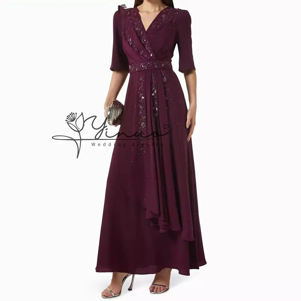 Customized A-line Evening Dresses Ankle-length V-neck Half Sleeve Prom Dresses Fashion Sequined Sashes Draped Customized Gowns