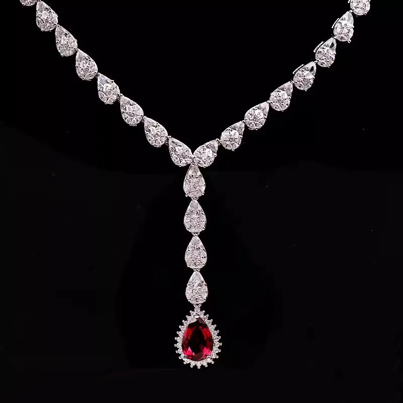 Elegant Luxury Women Wedding Bridal Jewelry Sets Dazzling Red Zircon Platinum Water Drop Plating Ring/Earring/Necklace/Bracelet