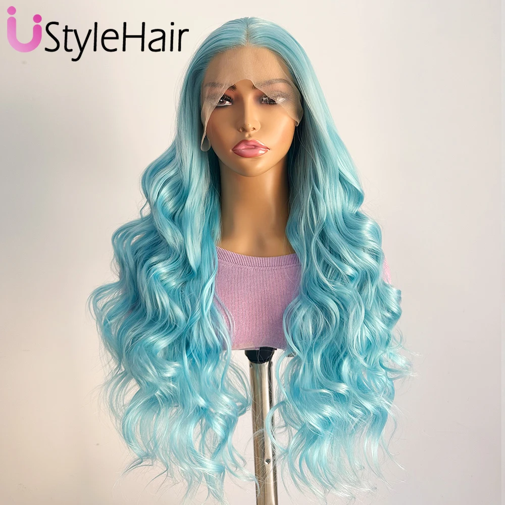 UStyleHair-Peluca de encaje azul para mujer, pelo sintético resistente al calor, largo, ondulado, uso diario, Cosplay