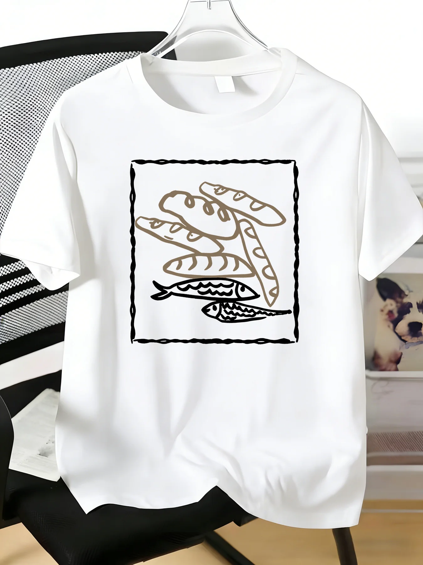 Men Cotton Tee Abstract Fish Baguette Line Art Crew Neck Short Sleeve Summer Street Loose Daily Top For Adult Male Casual Outfit
