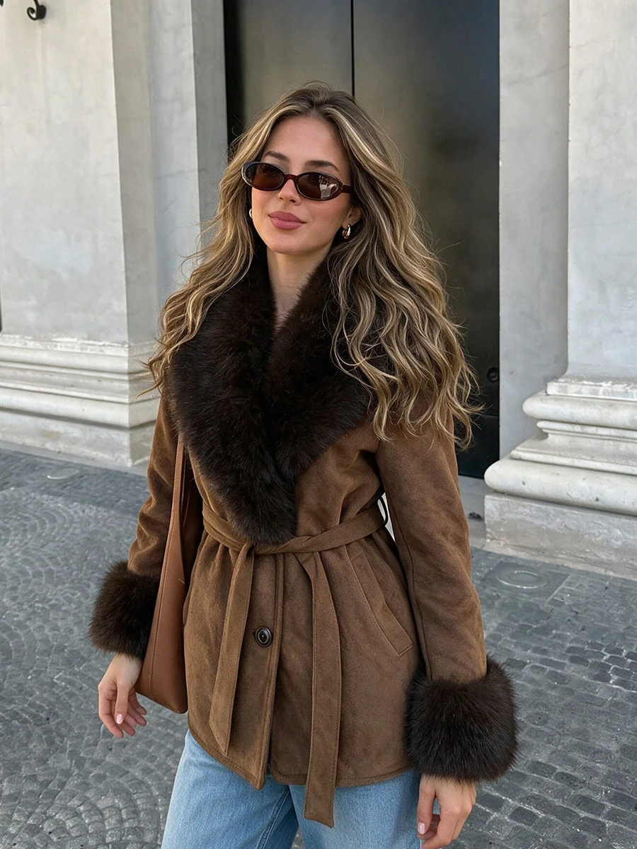 LIMO Women Faux Suede Faux Fox Fur Coat Belted Waist Long Sleeve Lapel Single Breasted Outerwear