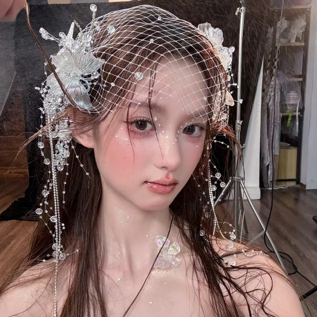 

New Veil Rhinestone Butterfly Hair Clip Accessories - Handmade Beaded Tassel Transparent Bridal Gown Hair Ornament