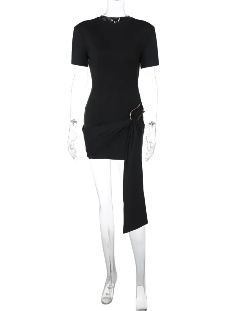 Chaxiaoa Short Sleeve Draped Sexy Mini Dress for Women Black Metal Buckle O Neck High Waist Bodycon Club Dress Vestido Clothes