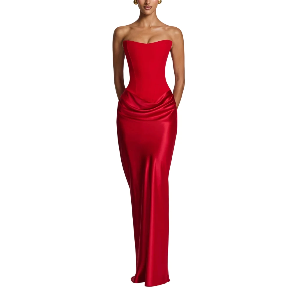 Luxurious Retro Satin Corset Dress Strapless Lace Up Draped Maxi Gown Elegant Women Evening Dresses Formal Dinner Party Prom
