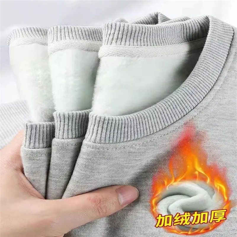 600G Pure Cotton Fleece-lined Thick Non-Inverted Velvet Heavy Solid Color round Neck Sweater Thermal Base Couple Sweater