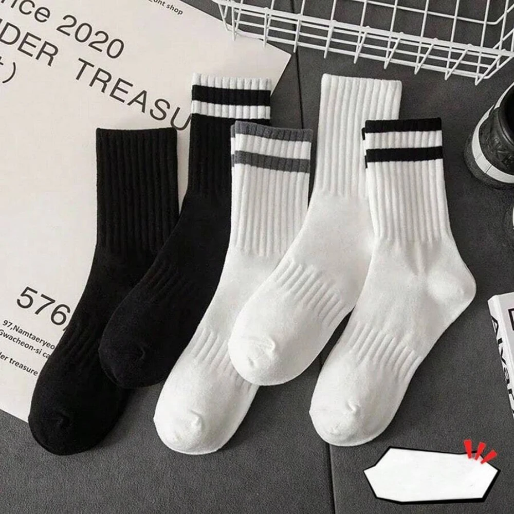 5 Pairs Black White Solid Color Mid Tube Socks Vertical Striped Suitable Both Men Women Sweat Absorbing Breathable Casual Socks