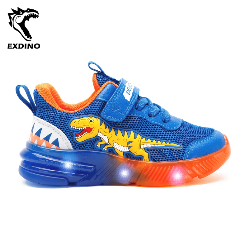 EXDINO 2-6 sepatu Sneakers LED T-REX anak-anak jala musim gugur sepatu bercahaya anak laki-laki dinosaurus anak kecil luar ruangan sepatu olahraga berkedip kasual