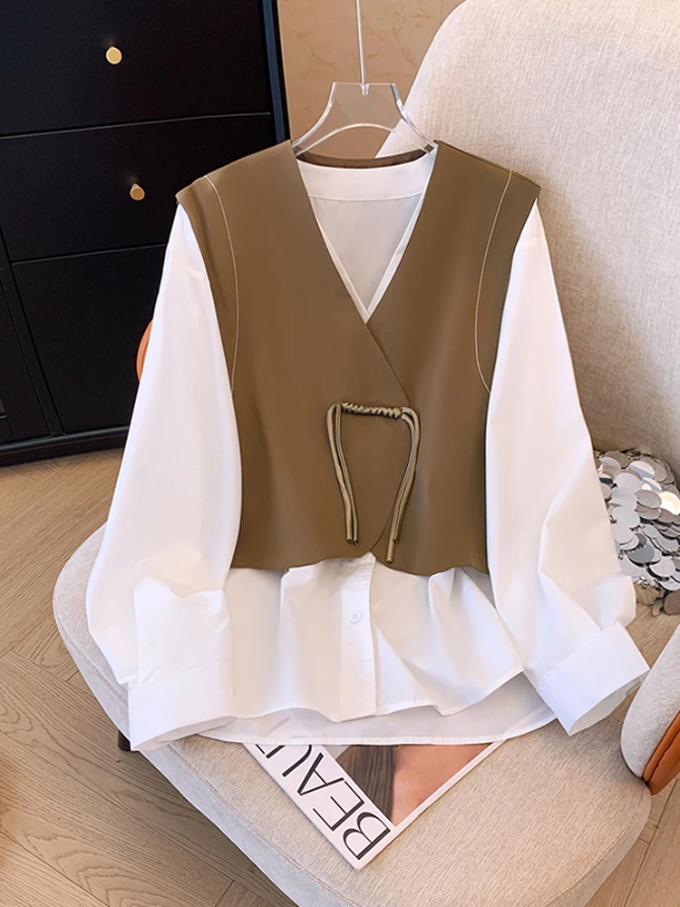 

Vintage Large Size Women's Suit Jacket And Shirt Two-Piece Set Fashionable Slimming Korean Style Commute V-Neck High Waist