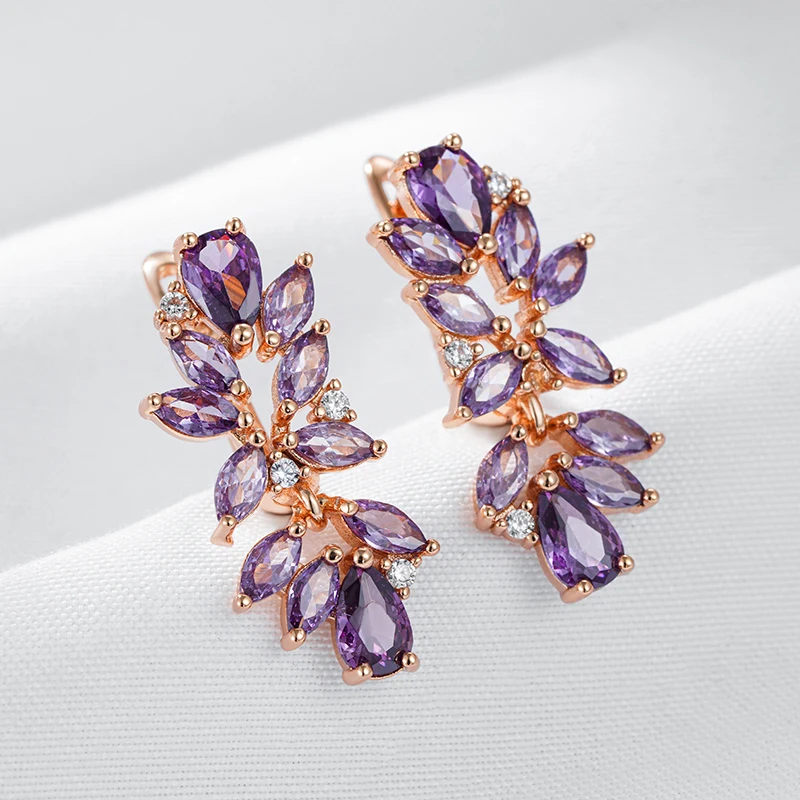 JULYDREAM Luxury Full Paved Purple Zircon 585 Gold Color Geometric Dangle Earrings for Women Luxury Wedding Party Jewelry