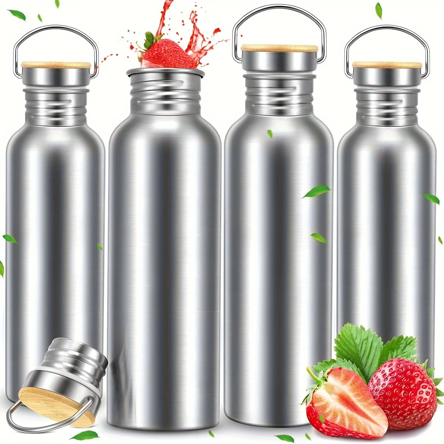 

4 Pieces Stainless Steel Water Bottle Single Wall Metal Water Bottle Large Camping Water Bottle With Handle And Bamboo Lid Leak Proof Lightweight Sports Water Bottle (32 Oz)