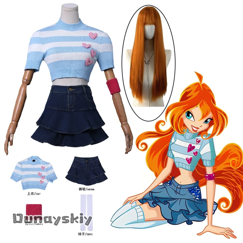

Bloom Cosplay Cartoon Fairy Anime Costume Blue Striated Sweater Vintage Denim Mini Skirts Women Suit Bloom Role-playing Outfit