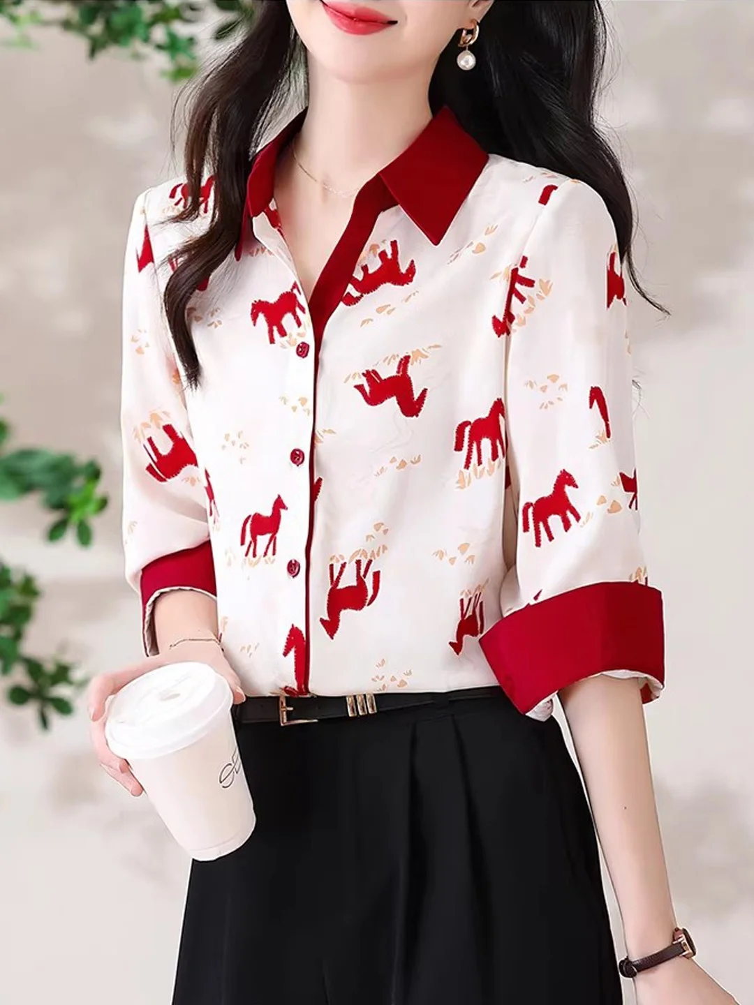 

Ele Color Blo Print Long Sve irt Women's Spring 2026 New Loose Floral Patterned Top Versatile Open Cardigan