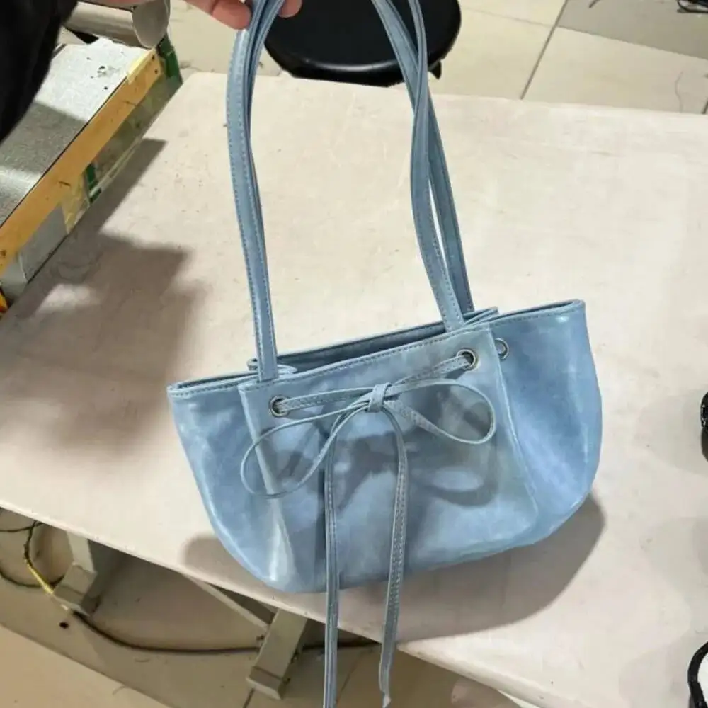 

Bloom Haruku Bow Blue Underarm Bags Women Hot Girls Leather Chic Casual Y2k Handbag Female Retro Cute Mini Bucket Bag 2024