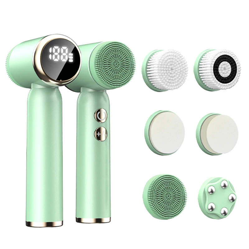Hot Sell 6 In 1 Facial Cleaning Brush Waterproof Pore Cleanser Spin Roller Sonic Massager Silicone Electric Face Brush Cleanser