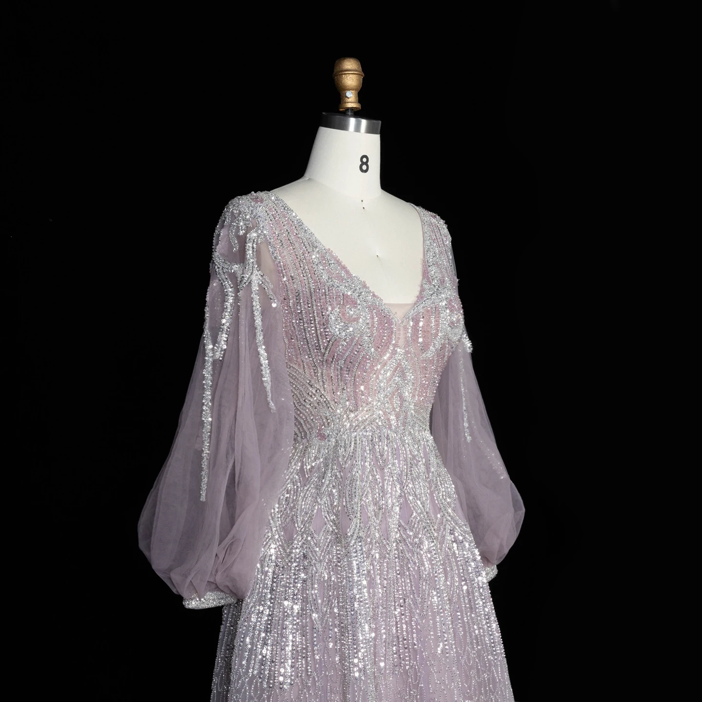Sharon Said Luxuriöses Rosa Abendkleid mit Perlenstickerei, V-Ausschnitt, A-Linie und Puffärmeln, 2026 Damen Hochzeitsfeier SS057, Maßanfertigung – Detail 7