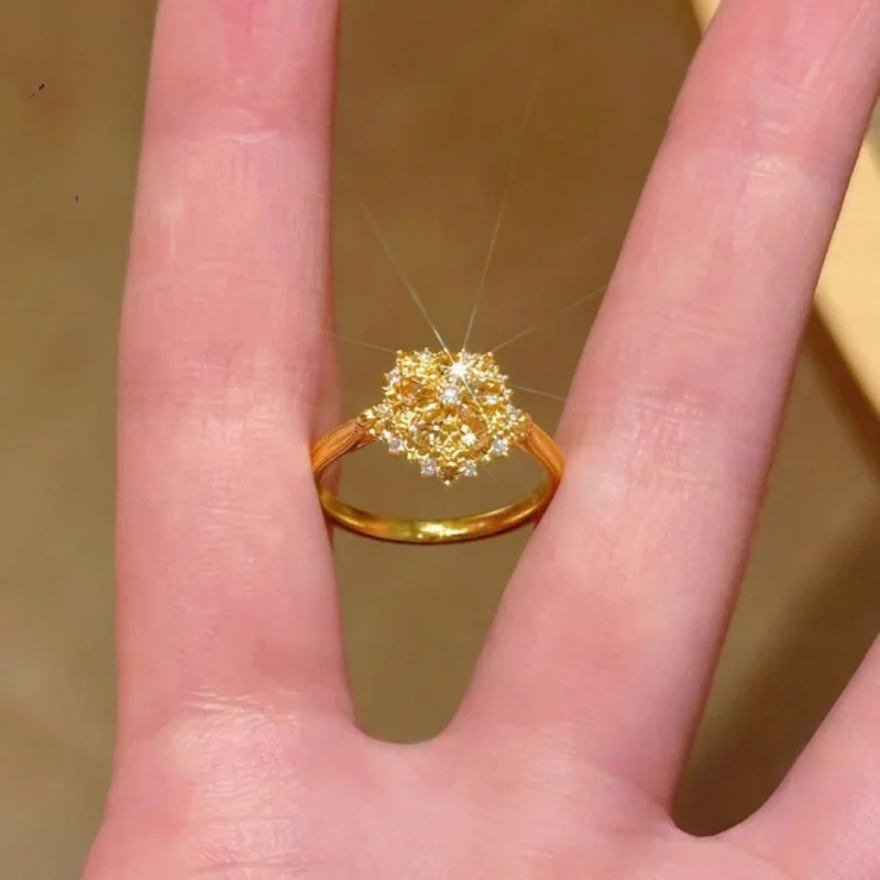 Luxury 100% Real 24K Gold Sparkling Snowflake Shimmer Open Ring For Women, Delicate & Versatile Finger Ring
