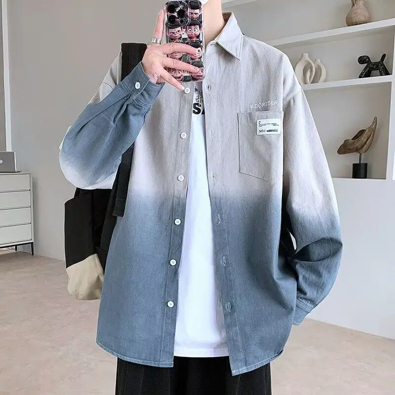 

Spring Autumn adient Color Loose Faionable Boys irt Jaet Stand Fit Long Sve Pure Color Turn-down Collar Open Ca...