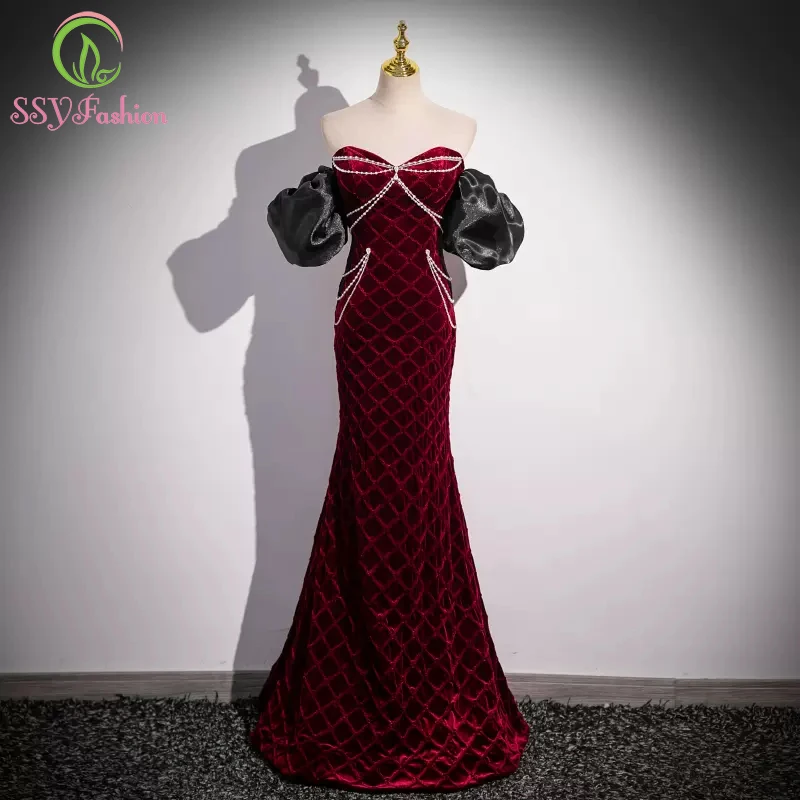 

SSYFashion Wine Red Velvet Mermaid Evening Dress Sweetheart Tassel Pearls Fishtail Sexy Formal Party Gowns Vestidos De Fiesta