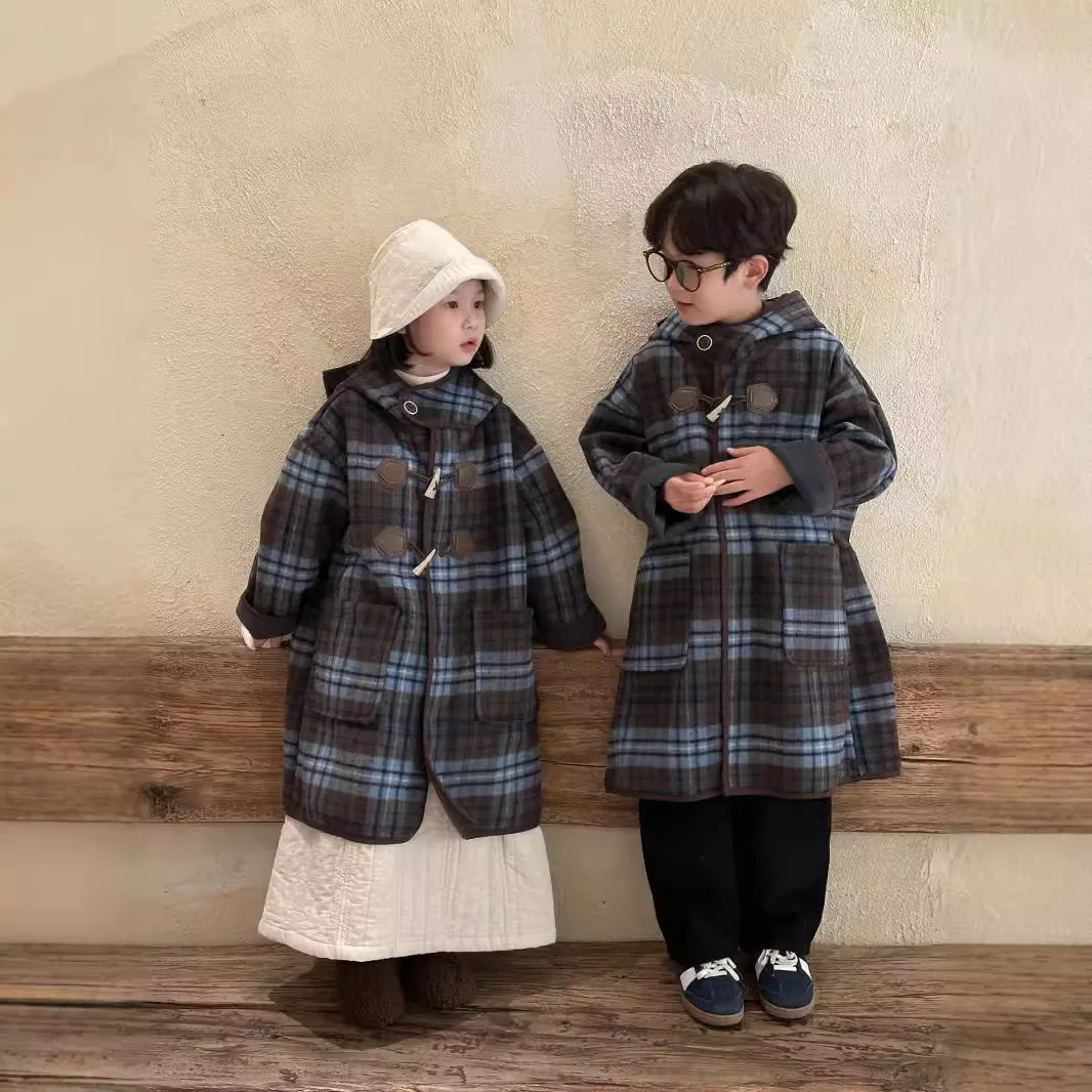 

Winter Children Plaid Overcoat Integrated Velvet Warm Kids Girls Hooded Mid-length Jackets Blue Fleece Siblings Attire Outerwear