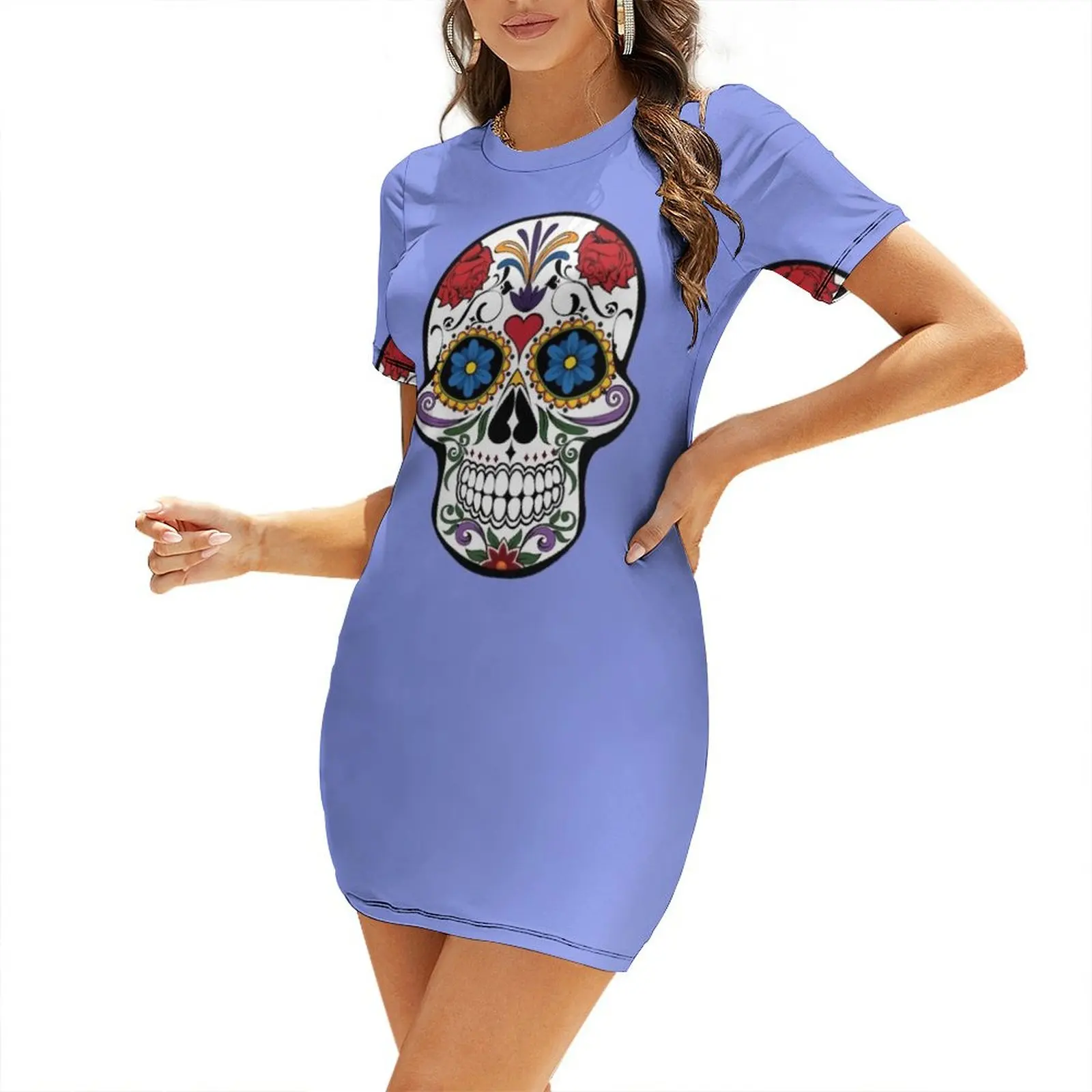

Day of the Dead Sugar Skull T-Shirt Short-Sleeved Dress dress for woman evening dress woman Beachwear evening women