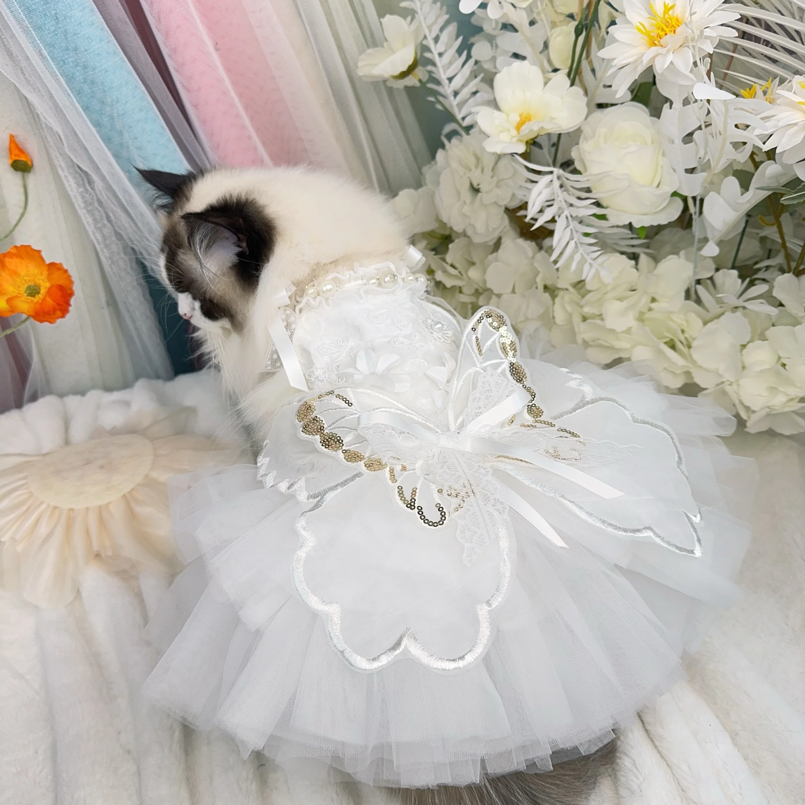 

Luxury Pure White Lace Princess Dress Long Tail for Small to Medium Dogs Handmade Pet Fashion Photography Skirt for Puppies