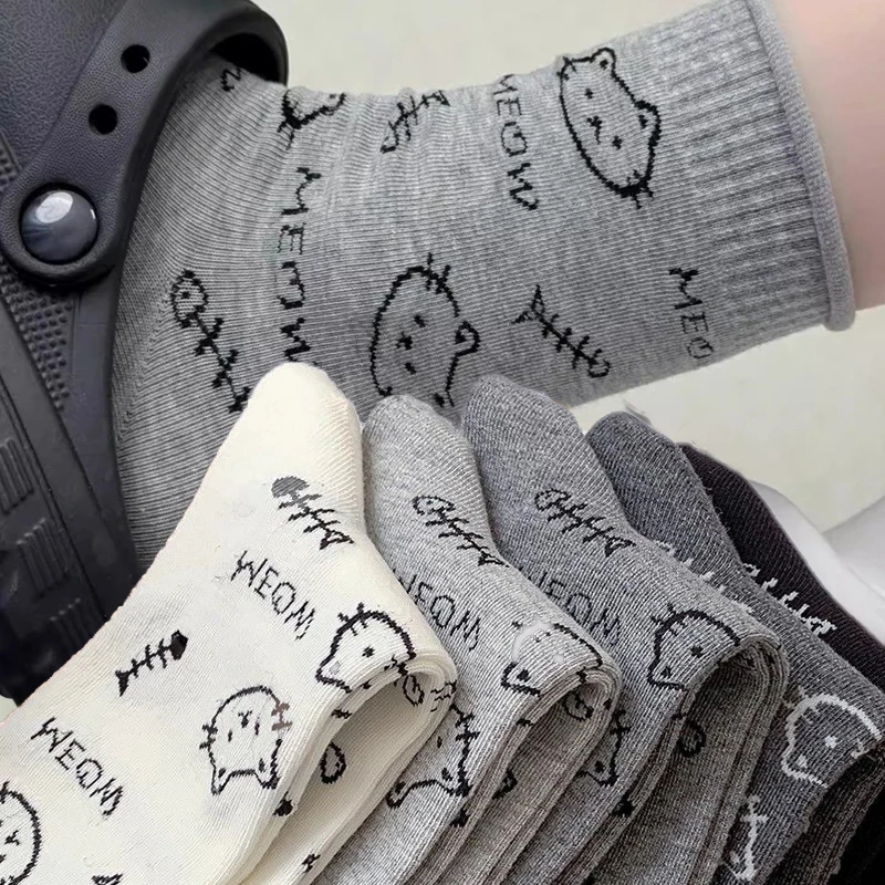 

Мягкие удобные носки с котом, кавайные милые дышащие носки до середины икры с вышивкой, повседневные модные новые хлопковые носки высокого качества