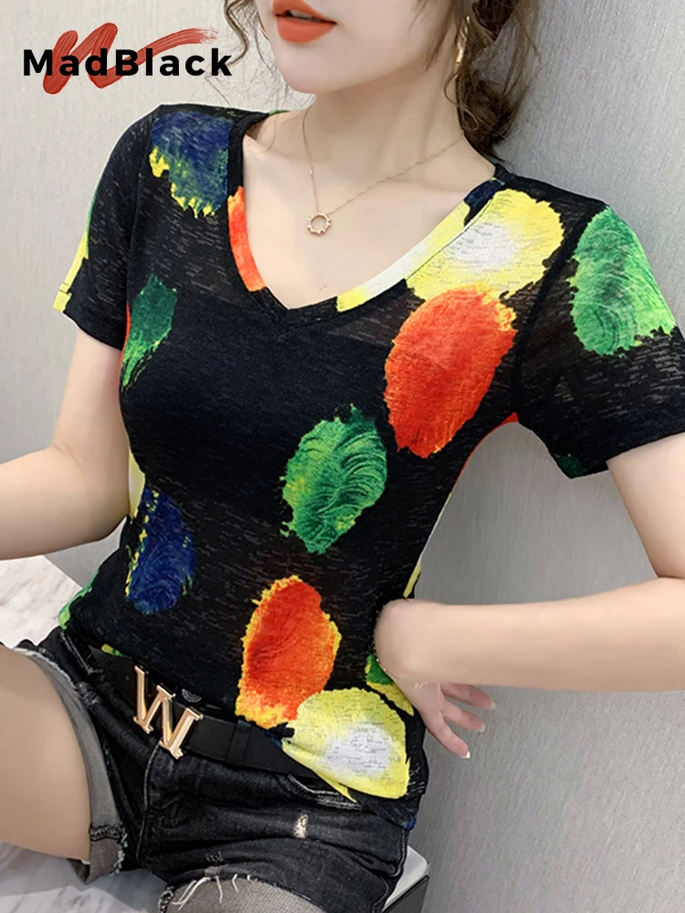 MadBlack Summer 2023 New Fashion European Clothes T-Shirt Sexy Tropical Print V-Neck Women Slim Tops Short Sleeve Hot Te T33616X