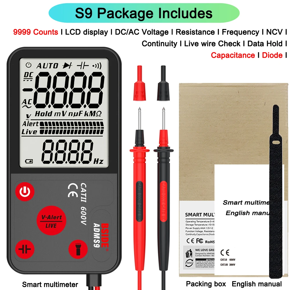 BSIDE New Digital Multimeter Portable Multifunction Electrician Tester T-RMS DC AC Voltage Capacitance Diode Ohm NCV Voltmeter