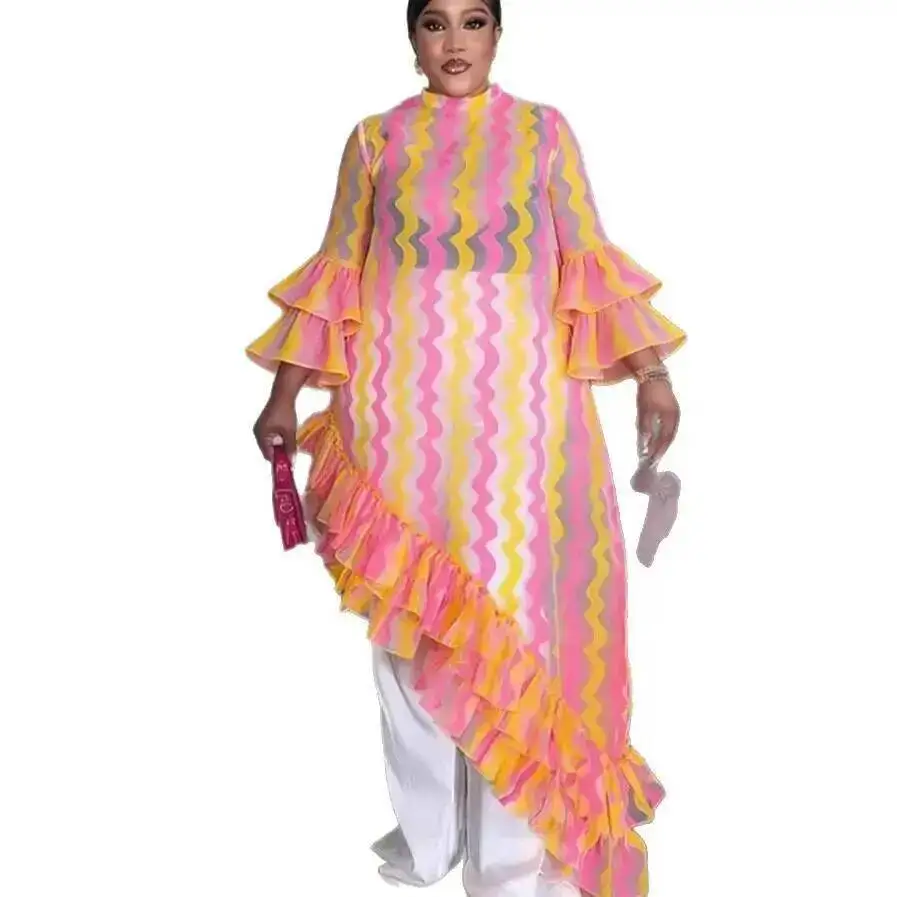Plus-size Women's Dress With Wave Pattern, Sheer Ruffle Trim, Bell Sleeves, Figure-flattering And Waist-cinching, Personalized
