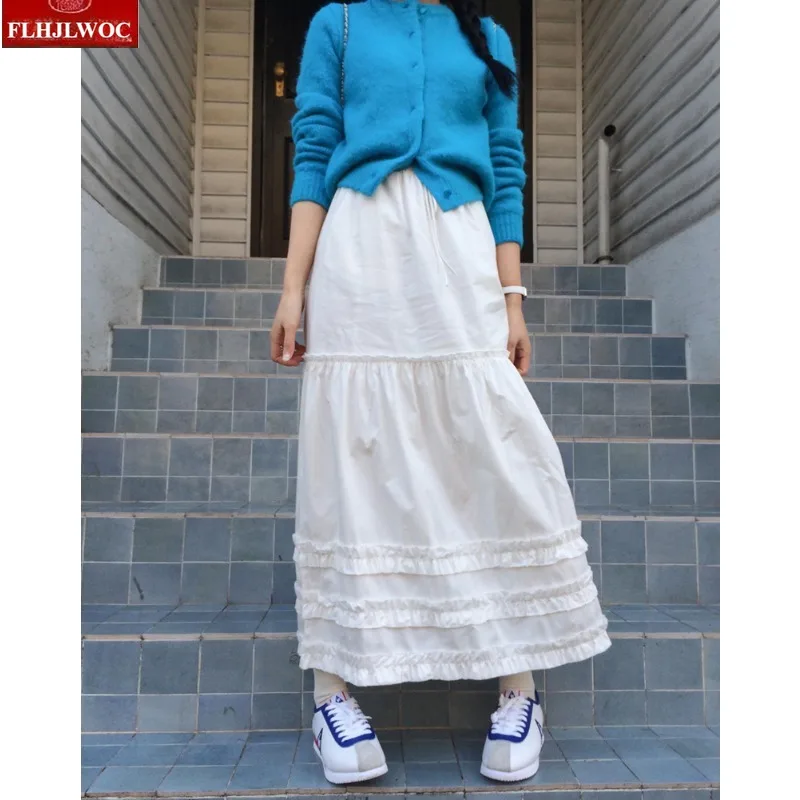 Shirring Waist White High Waist Long Maxi Skirt Korean Style Ruffle Hem Drawstring Ruched Patchwork A-Line Flare Long Midi Skirt