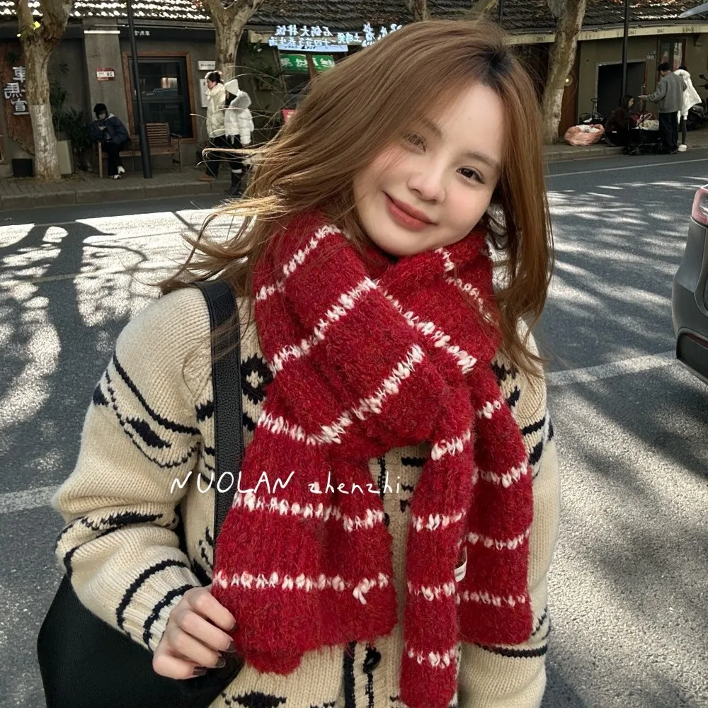 

Vintage Red Stripe Wool Blend Scarf for Women, Winter Thick Warm Neckwear, Christmas New Year Atmospheric Festive Wrap