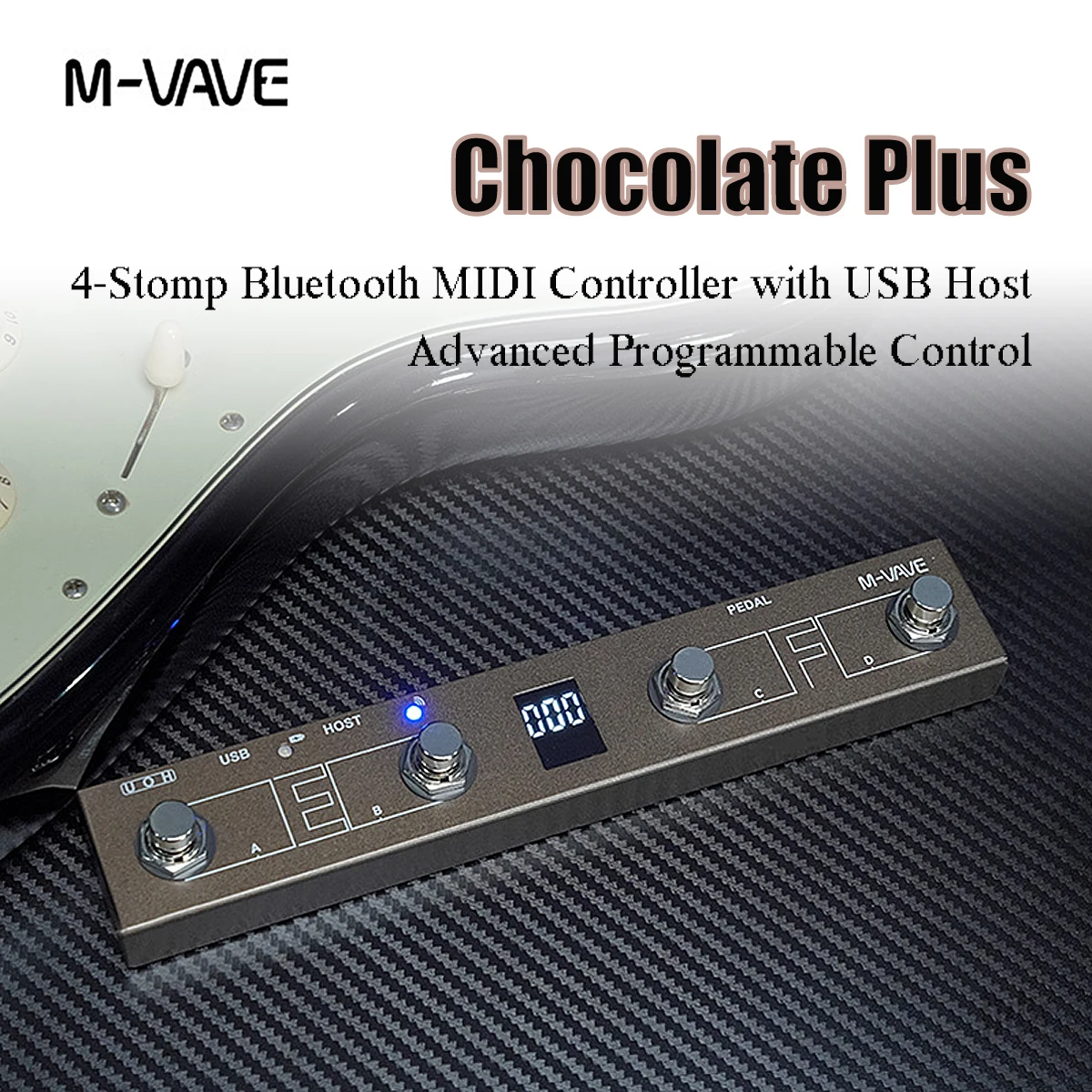 M-VAVE Chocolate Plus Black/Brown MIDI Bluetooth Controller – 4 Footswitches, USB Host, 16 MIDI Msgs/Stomp, 300mAh, for PC/Mac