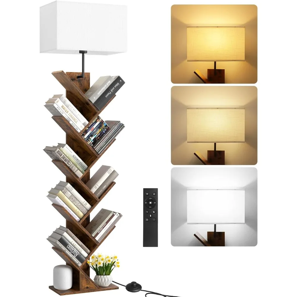 

9 Tier Tree Bookshelf with Light, Remote & Timer, Modern Tall Floor Standing Book Shelf, Narrow Wood Bookcase, Small Book Organi