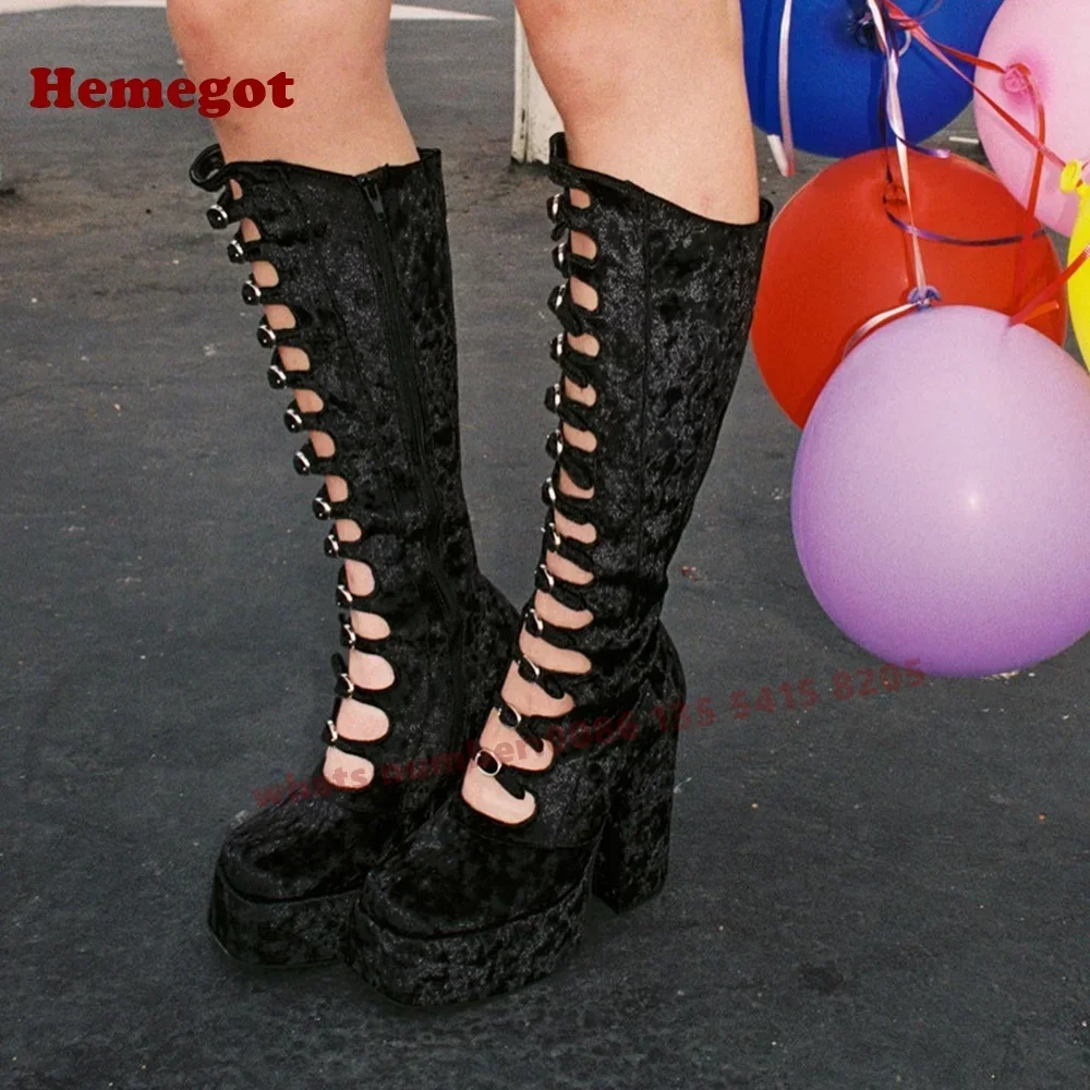 

Black Round Toe Chunky Heeled Buckles Women's Sandals Velvet Platform Cut-Out Sandal Boots Summer Solid Side Zipper Luxury Shoe