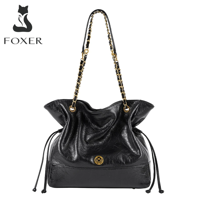 FOXER Luxury Genuine Leather Shoulder Bag for Women Large Capacity Bucket Handbag Fashion Female Crossbody Purse Ladies Handbag
