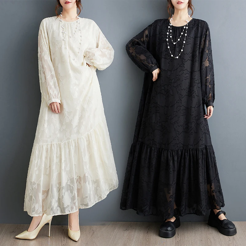 Vestido f solto tamanho ande retrô bordado retalhos manga lanterna dupla camada estilo coreano para viagem primavera...