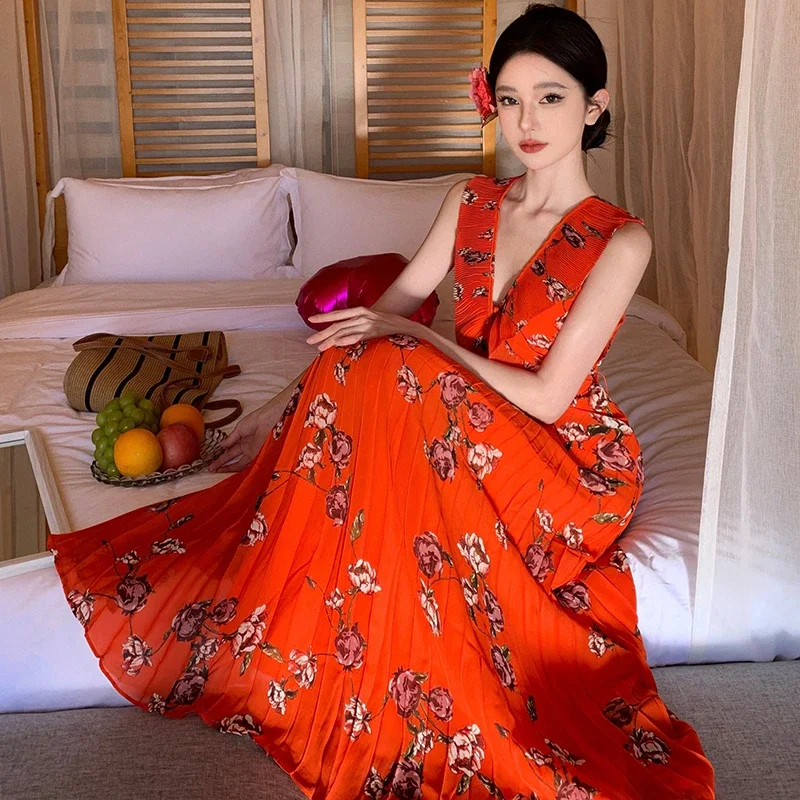 2025 verão francês flor vermelha impressão chiffon férias vestido longo feminino decote em v sem mangas babados sexy sem costas boho plissado robe
