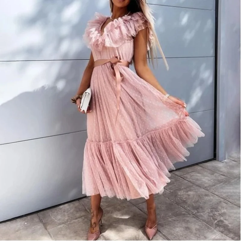 

Summer Fashion New Style Pure Color Sleeveless Lace Edge Sexy Deep V-neck Ruffled Belt Lace-up Short Sleeve Dress Vintage Dress