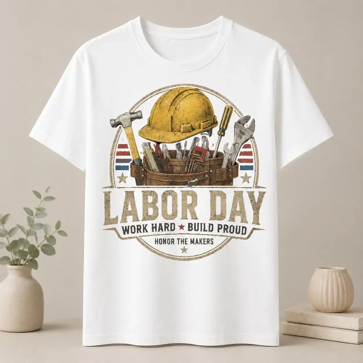 Labor Day T-Shirt, Retro Hard Hat Tool Belt Graphic Tee