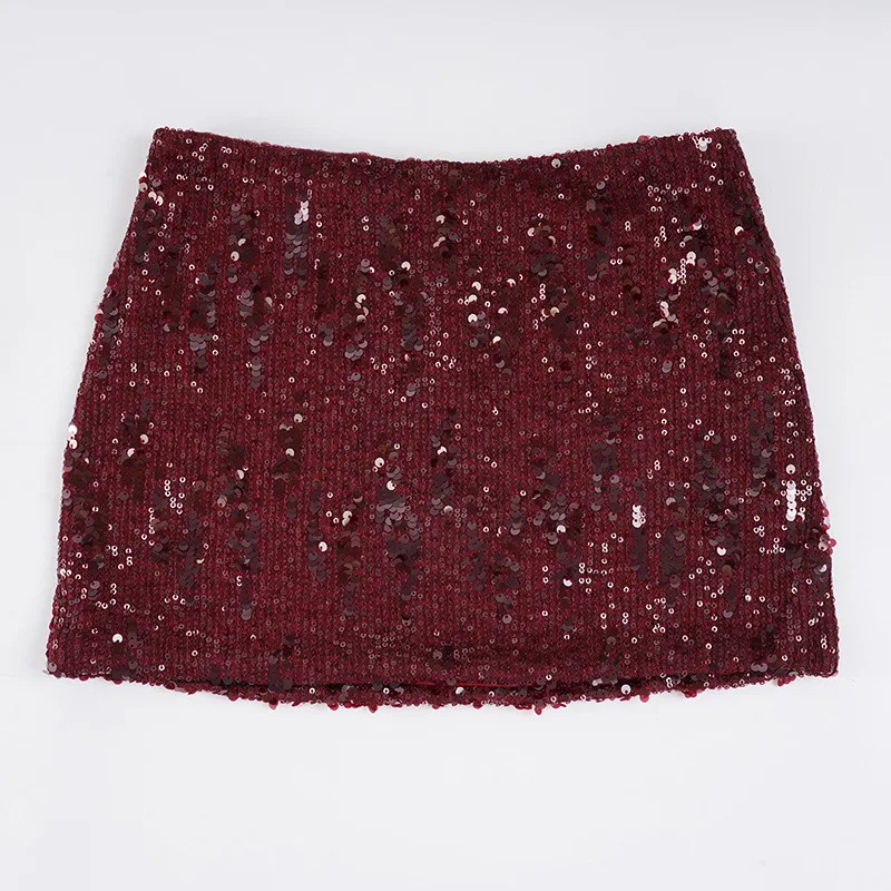 Autumn sexy spicy girl style slim fit red solid color sequin wrapped hip skirt