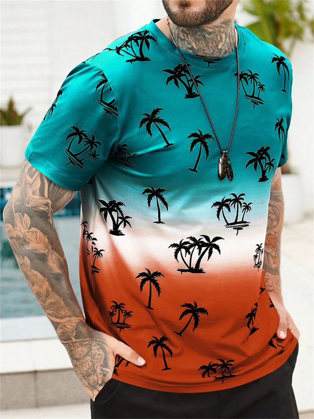 Gradient Men's T-Shirt 3D Coconut Tree Print Short Sleeve T-Shirt for Men Summer Quick Dry Casual Tee Top Oversized Man Clothing