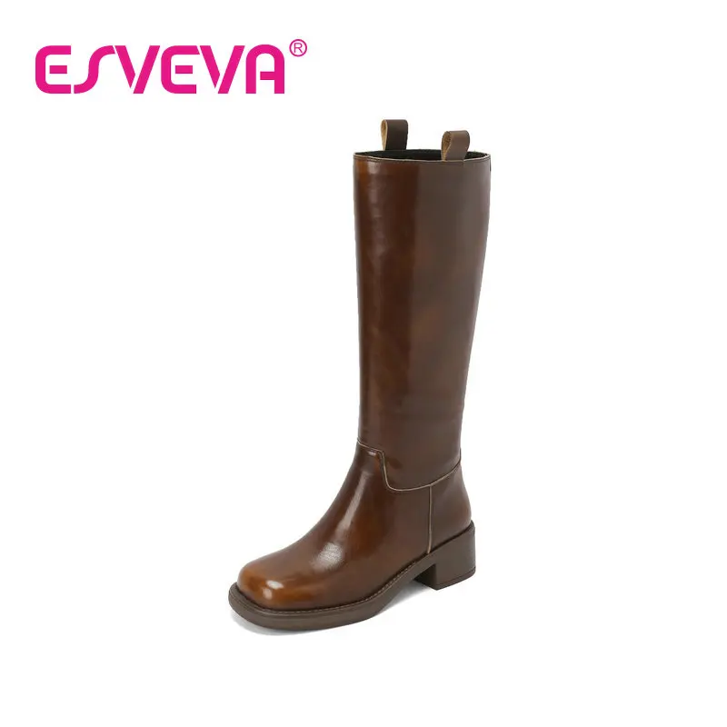 

ESVEVA 2023 Neutral Style Women Mid Calf Boot Slip On Patent Leather Round Toe Vintage Style Nobility Style Shoes Size 34-39