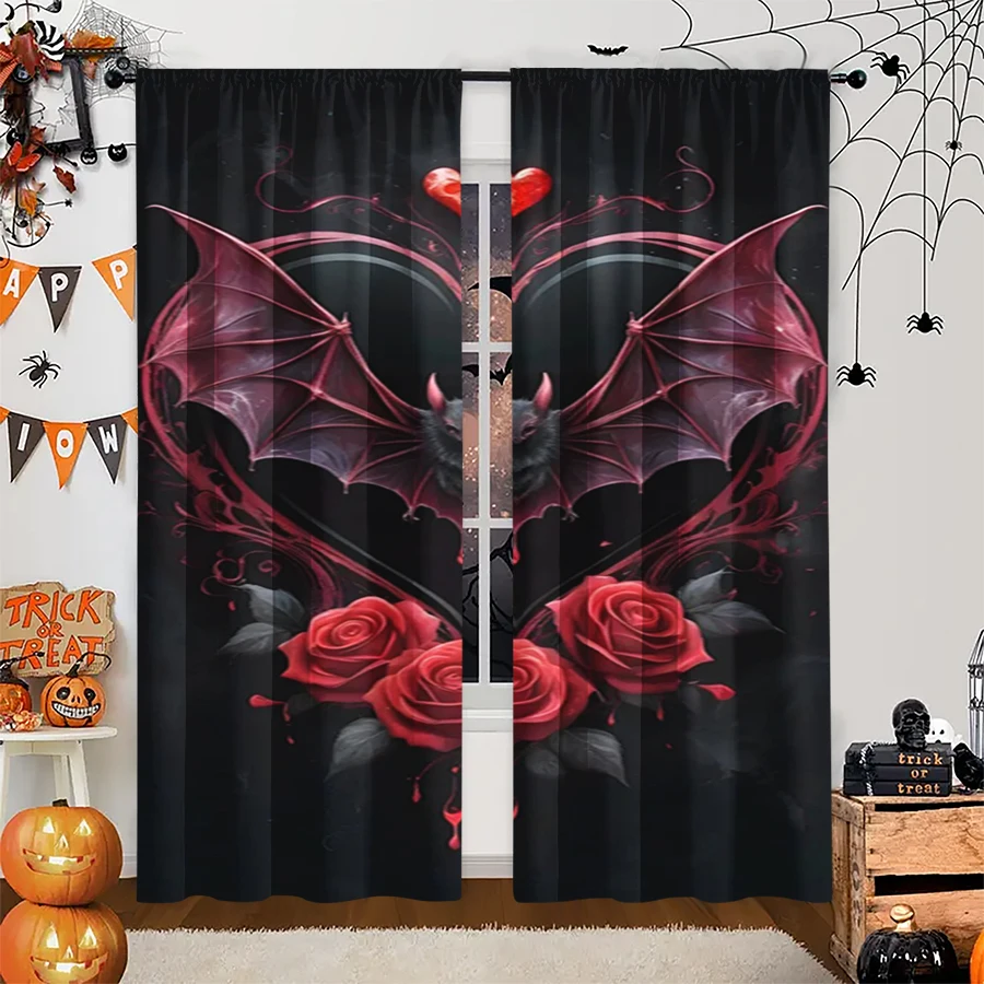 2PCS Digital Print Curtain, Red Bat Wing Heart Rose Black, Gothic Romantic Dark for Living Room Bedroom Kitchen Window
