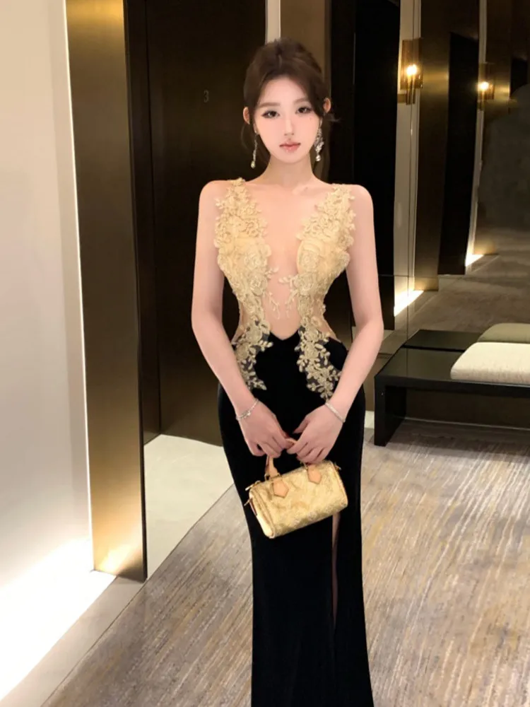 Luxury Black Velvet Cocktail Dress For Women High-end Sheer Lace Embroidery Side Slit Formal Party Lady Gown Art Aesthetics Clot