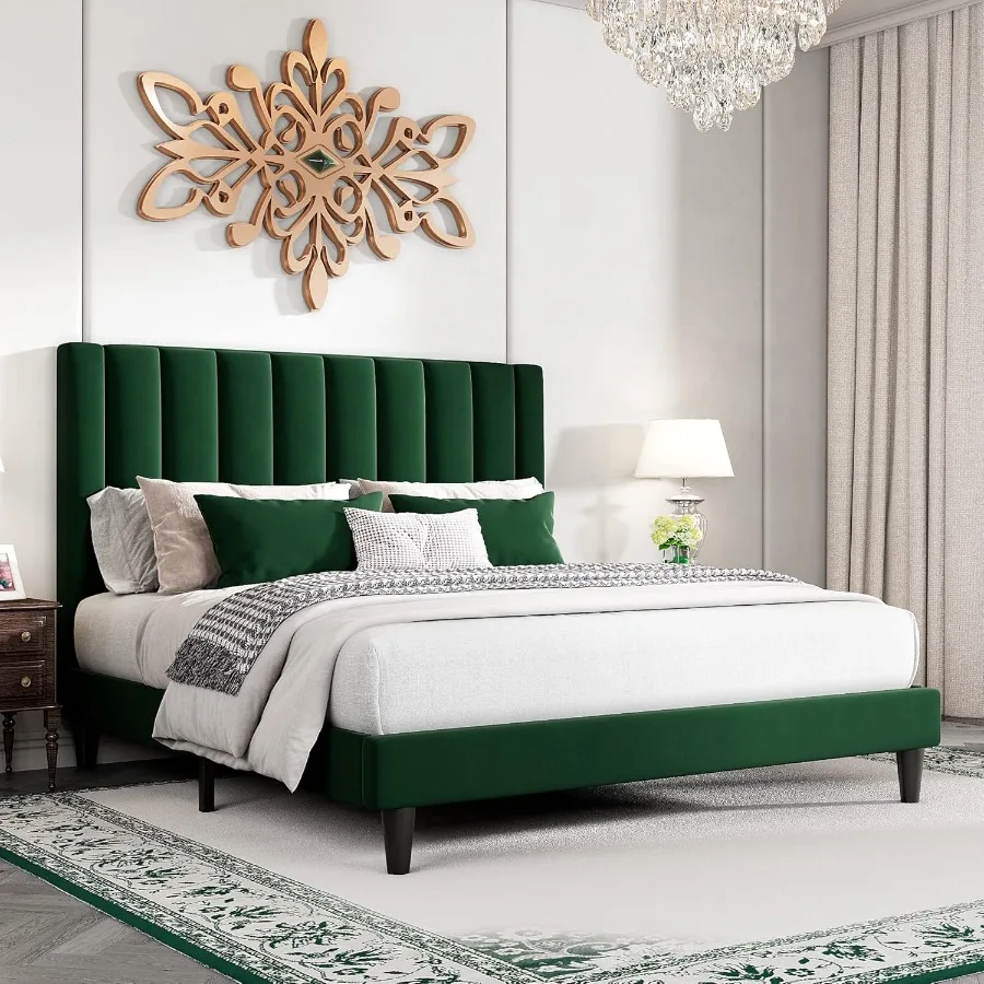 Queen Size Platform Bed Frame with Velvet Upholstered Plush Vertical Channel Headboard No Box Spring Needed Easy Assembly Green
